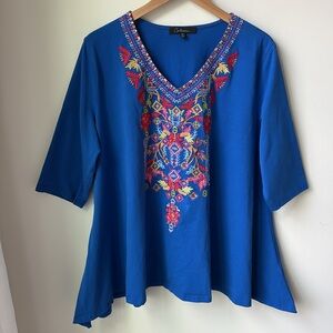 Calessa Embroidered V Neck Shark Hem Top in Blue Flowy Boho Resort Size 1X